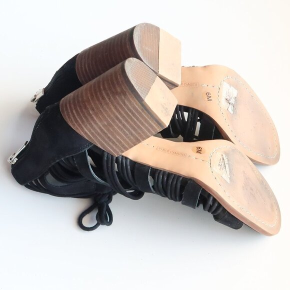 Vince Camuto Black Suede Leather Strappy Cutout Block Heel Sandals Bootie Shoes - Picture 13 of 15